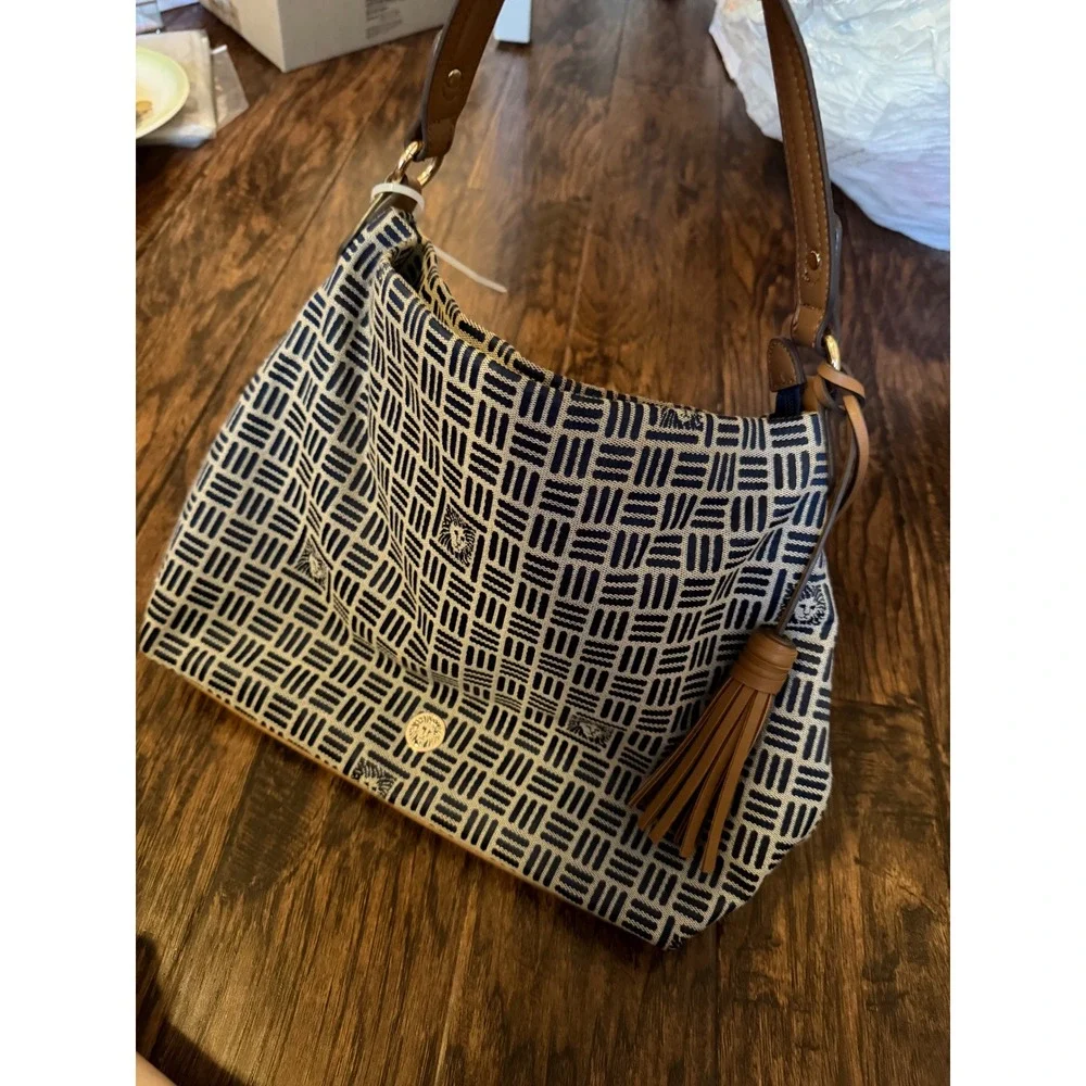 Anne Klein Hobo Bag Blue White Woven Geometric Tassel Shoulder Bag Tan Trim